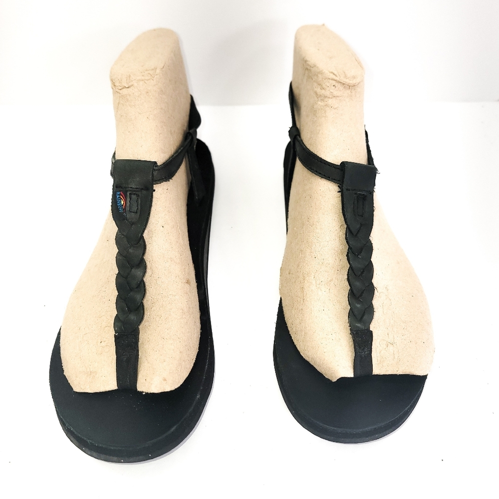 Rainbow T-Street Womens Sz.7  Black Leather Braided Thong Ankle Buckle Sandal